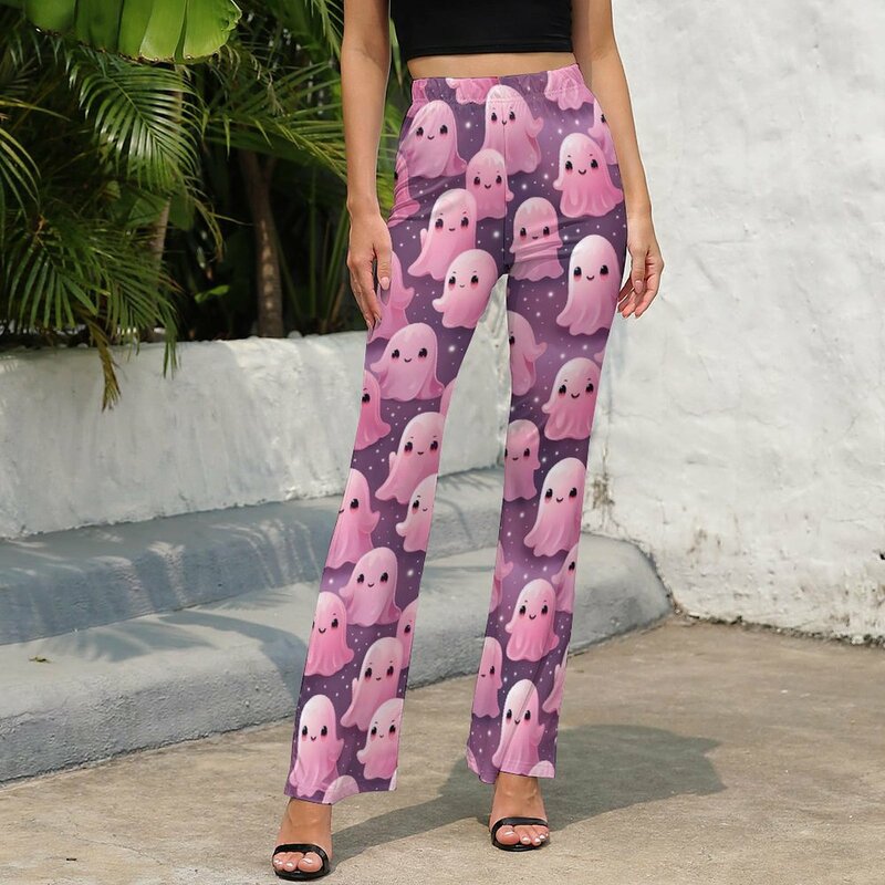 Celana panjang ukuran besar, celana panjang ukuran besar, motif Modern, celana Flare gaya jalanan Halloween lucu pinggang tinggi elastis, celana hantu merah muda Kawaii
