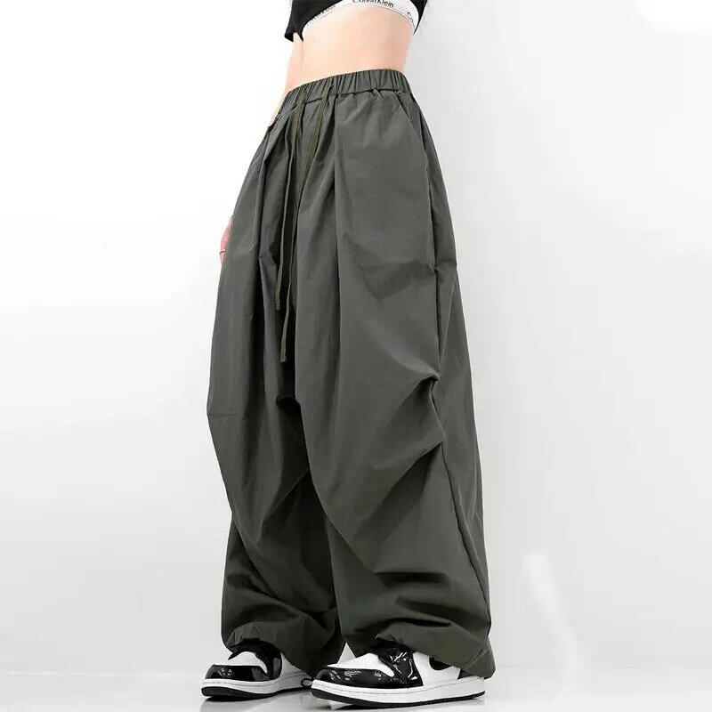 American Street Dance Hip Hop Quick Drying Drawstring Cargo Pants Jazz Women New Solid High Waist Pocket Loose Straight Trousers
