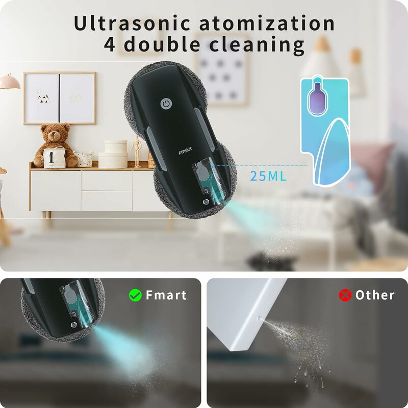 FMART Robot Window Cleaner,3800PARemote Control Window Cleaner Robot,Auto Ultrasonic Spray and Voice Assistant Control Window