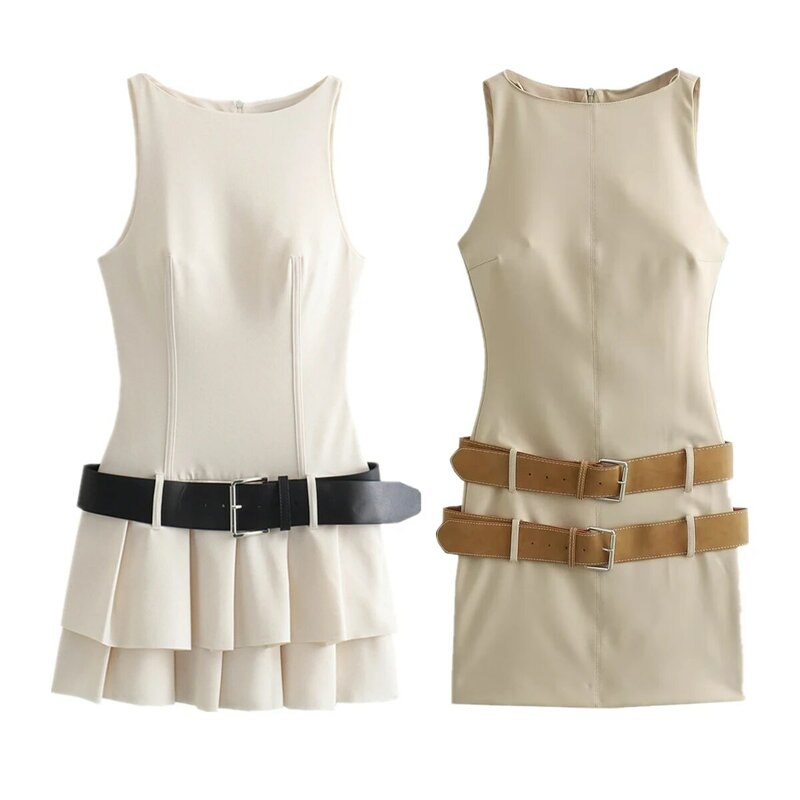 Maxdutti For Women Fashion Ladies Tank Dress Summer Dress Women With Belt Pleated Slim Fit Mini Dress