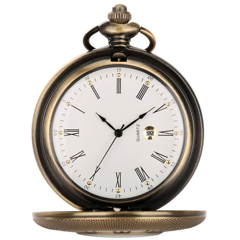 Tanggal jam saku minimalis angka Romawi kuarsa jam tangan saku dengan kalender hitam/emas/perak/perunggu jam liontin pasangan