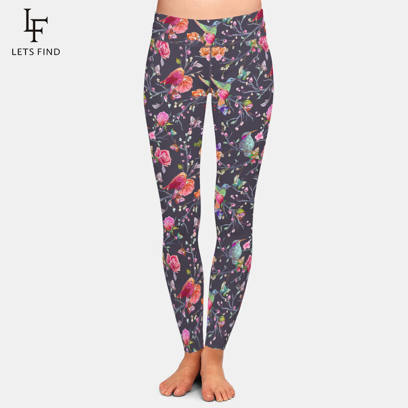 Letsfind pássaros borboletas e flores impressão digital mulheres leggings de cintura alta elástica calças de fitness macio