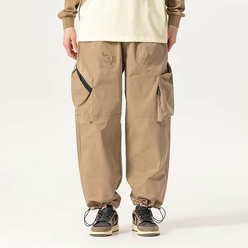 男性用ワイドレッグカーゴパンツ,ドローストリング,スリム,日本の伸縮性,複数のポケット,夏のファッショントレンド