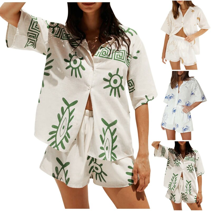 여성용 프린트 반팔 셔츠 및 반바지 투피스 세트, 2024 여름 통기성 캐주얼 홈 2024, 패션