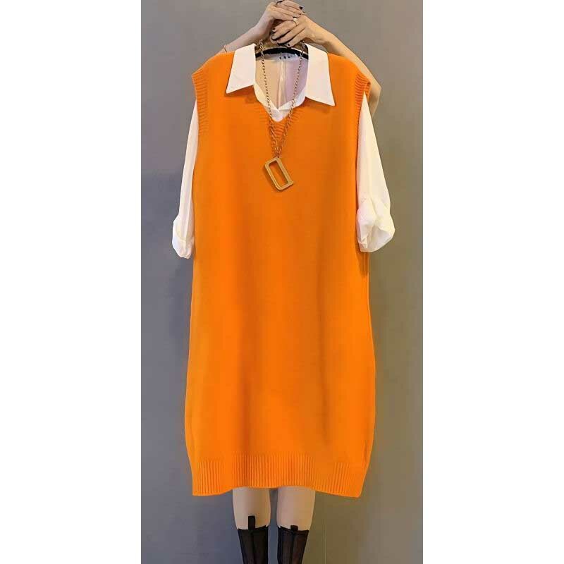 Vestido Midi de punto con cuello en V para mujer, ropa informal holgada que combina con todo, Color sólido, otoño e invierno, 2023