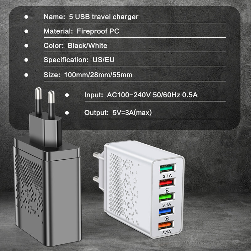 Зарядное устройство с 5 USB-портами и поддержкой быстрой зарядки, QC 3,0, 4,0