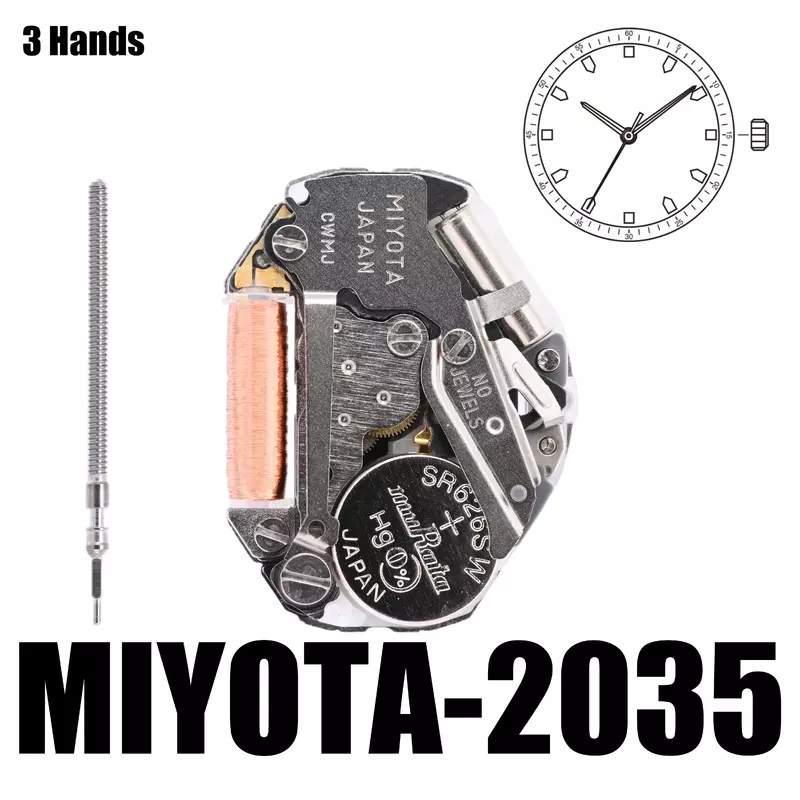 MIYOTA 2035 Standard | Белый кварцевый механизм, 3 стрелки, размер: 6 3/4 × 8 дюймов Высота: 3,15 мм-двигатель-металлический механизм, сделано в Японии.