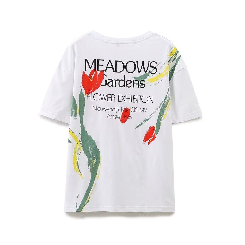 Camiseta feminina com letra estampada com decote em O, blusa solta estilo básico, moda casual, verão, nova, 2022
