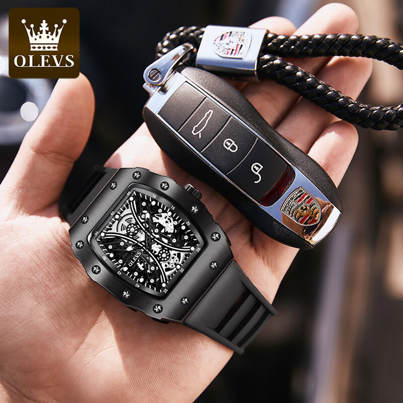 OLEVS Tonneau Quartz Watch for Men, pulseira de borracha preta, design de esqueleto, relógios esportivos, marca superior, moda