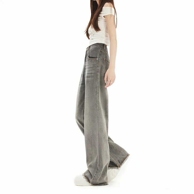 Amerykański styl Streetwear sprane dżinsy kobiet letnie Vintage wysoki stan luźne spodnie z szerokimi nogawkami Y2K proste spodnie jeansowe
