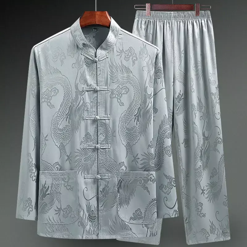 Men Silk Satin Shirt Chinese Traditional Tang Suit Smooth Men Dragon Print Shirt Business Chemise Homme Casual Kong Fu Shirts