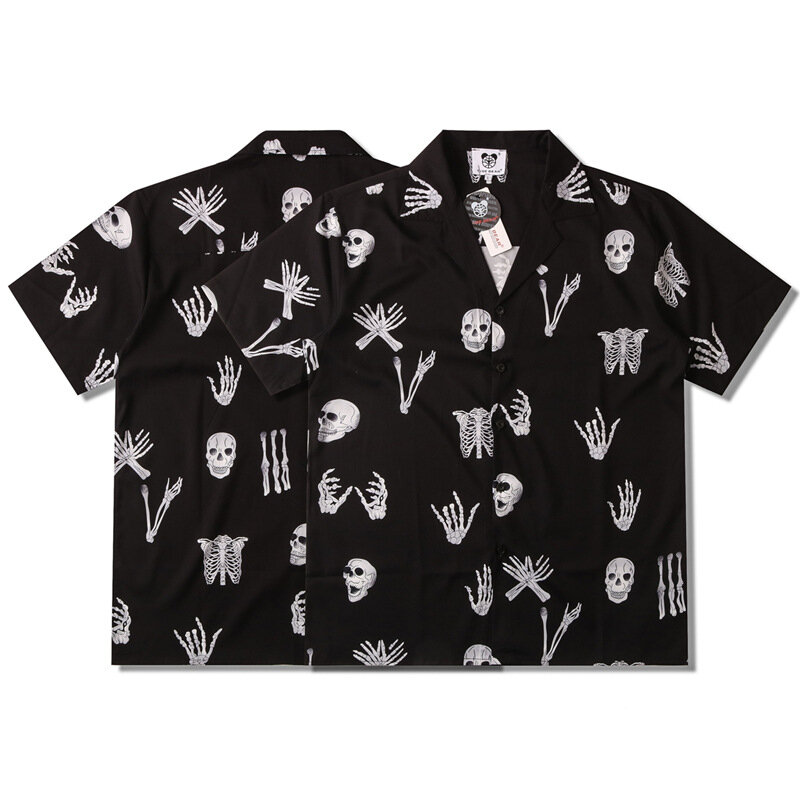 Men Oversize Hawaiian Beach Shirts Summer New Mens Vintage Skull Print Black Short Sleeve Shirt Chemise Homme Luxe Haute Qualite