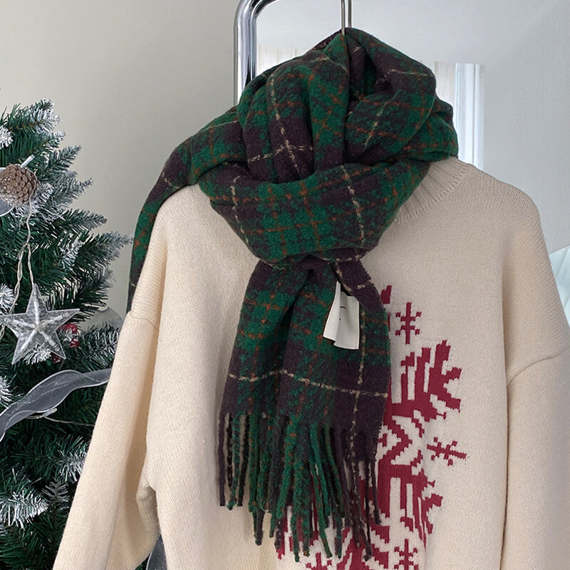 Женский винтажный кашемировый шарф в клетку, зимняя плотная теплая длинная шаль в Корейском стиле, рождественский подарок, модные аксессуары
