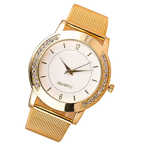 Relógio de pulso strass em aço inoxidável para mulheres, banda de malha gold tone, relógio de quartzo analógico, moda, venda quente