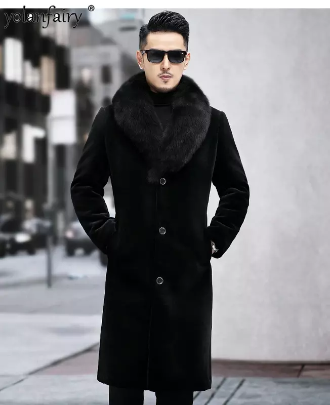 Jaqueta de pele de ovelha de inverno masculina, gola de pele de raposa, joelho longo, casacos de lã real, roupas de alta qualidade, 2023