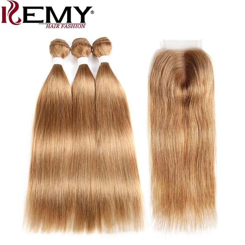 Bundel rambut manusia lurus dengan penutup rambut berwarna Pirang madu 3 bundel dengan penutup bundel rambut Remy Brasil