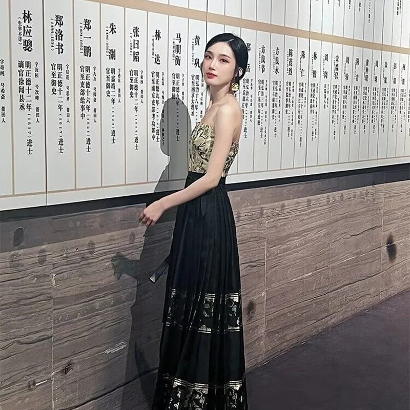 Original Hanfu Rock Kostüm im chinesischen Stil Mamianqun Ming Dynastie schwarz Weben Gold Pferd Gesicht Rock chinesisches Kleid