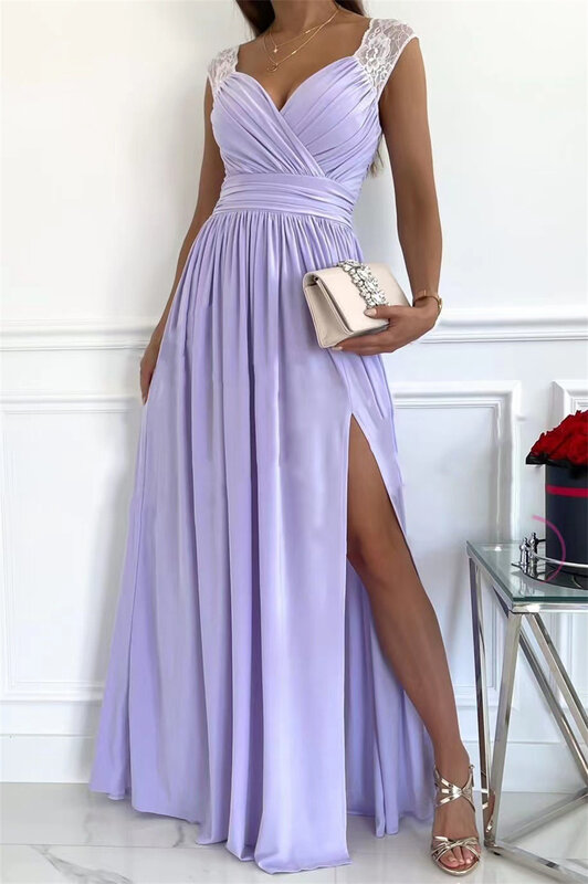 Elegancka, długa suknia dla druchny dla kobiet bez rękawów plisowana z rozcięciem suknia wieczorowa na przyjęcie sukienki z wysokim rozcięciem koktajlowa, balowa