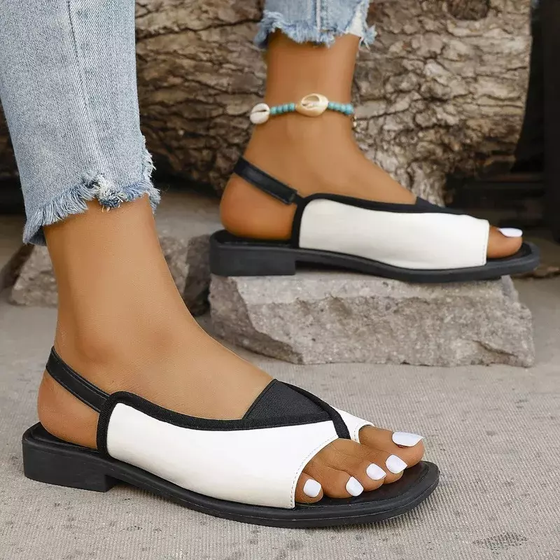 Sandálias roma para mulheres, preto e branco, cores misturadas, salto baixo, sandálias casuais, marca, moda, 2022