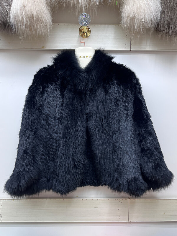Mulheres casacos de morcegos de malha natural pele de coelho, jaquetas de pele de raposa real, roupas de luxo, novo, 2024
