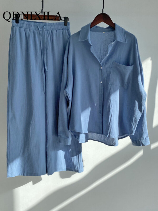 Женский костюм-двойка из рубашки и брюк из хлопка и льна