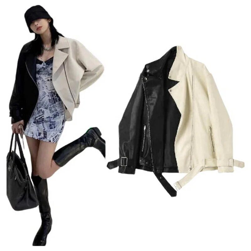 Jaket kulit imitasi wanita, mantel kulit luar ritsleting, mantel kerah Turndown warna sambungan, sabuk