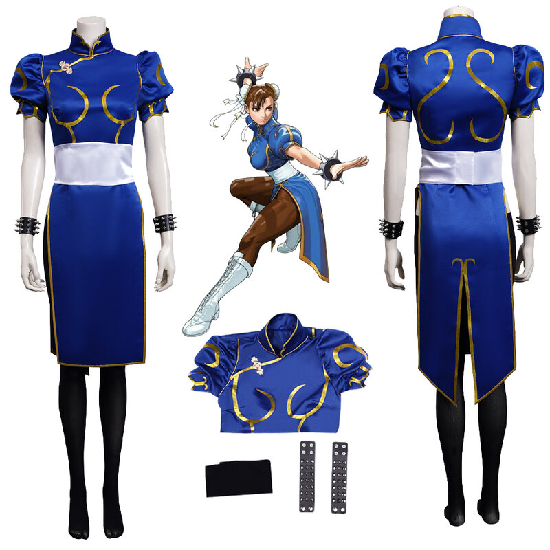 Chun Li-disfraz de Cosplay para mujer, vestido de Cheongsam, juego de rol SF, faldas azules, conjunto completo, traje de fiesta de Halloween