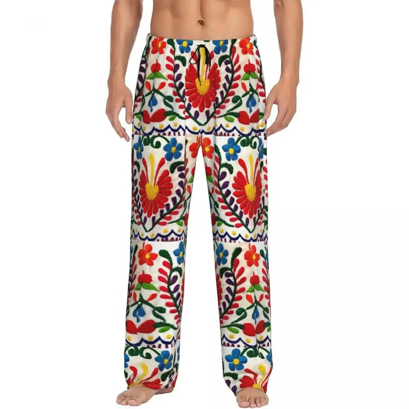 Calças masculinas de pijama mexicano bordado flores, roupa de dormir, elástico, fundo de lounge com bolsos, personalizado
