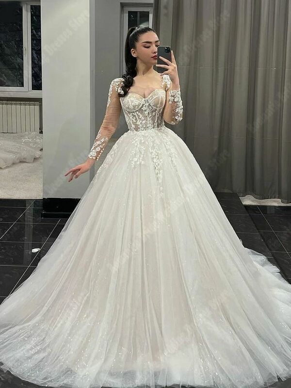 Gaun pengantin wanita warna gading elegan panjang mengepel gaun pengantin Princess cantik pesta Formal terbaru Vestidos De Novia