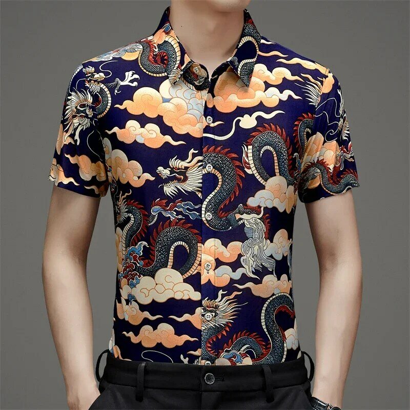 Trend w stylu chińskim, luźna i wszechstronna męska letnia lodowy jedwab koszula nadruk ze smokiem z krótkim rękawem