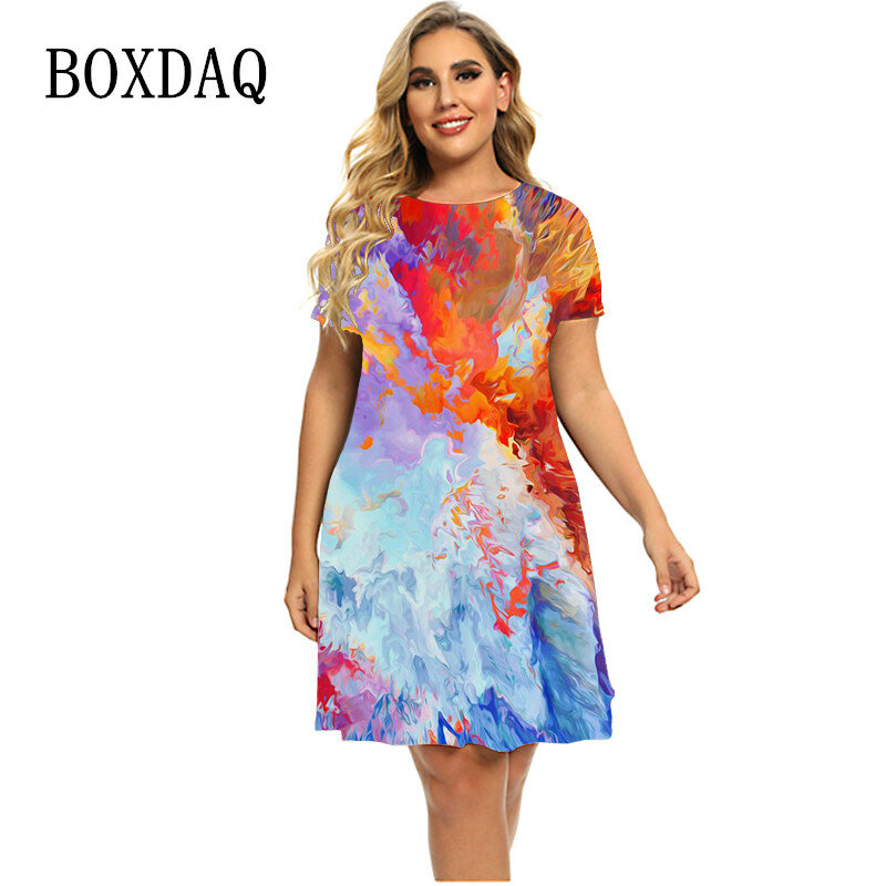 Женское летнее платье-мини с коротким рукавом, разноцветное свободное Повседневное платье с абстрактным принтом, объемным рисунком, большие размеры