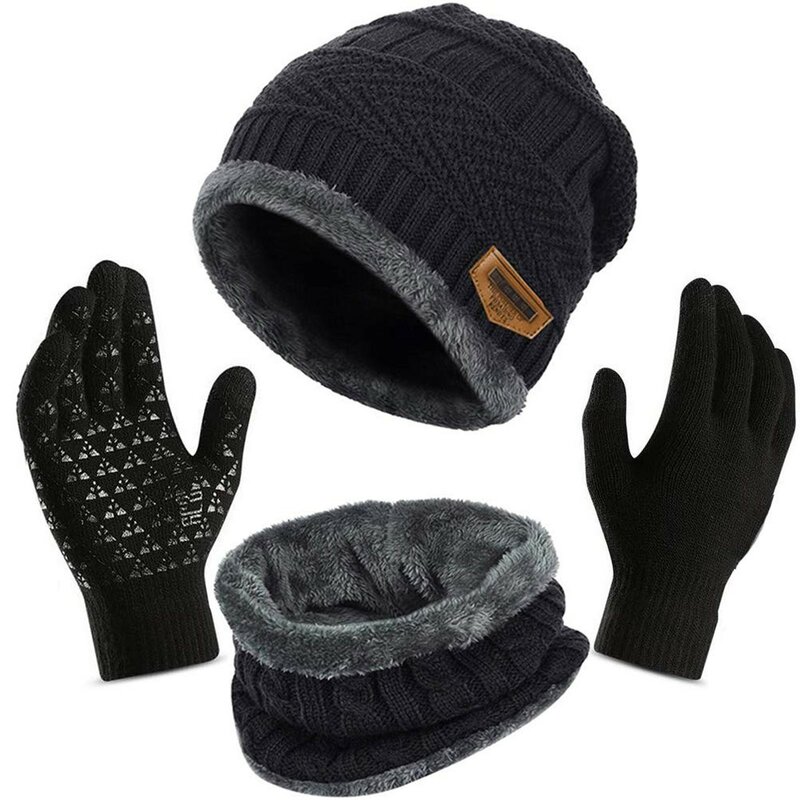 Set Sarung Tangan Syal Topi Beanie Solid Kasual Musim Dingin untuk Wanita Pria Topi Skullies Sarung Tangan Syal Topi Rajut Lembut Hangat Musim Dingin
