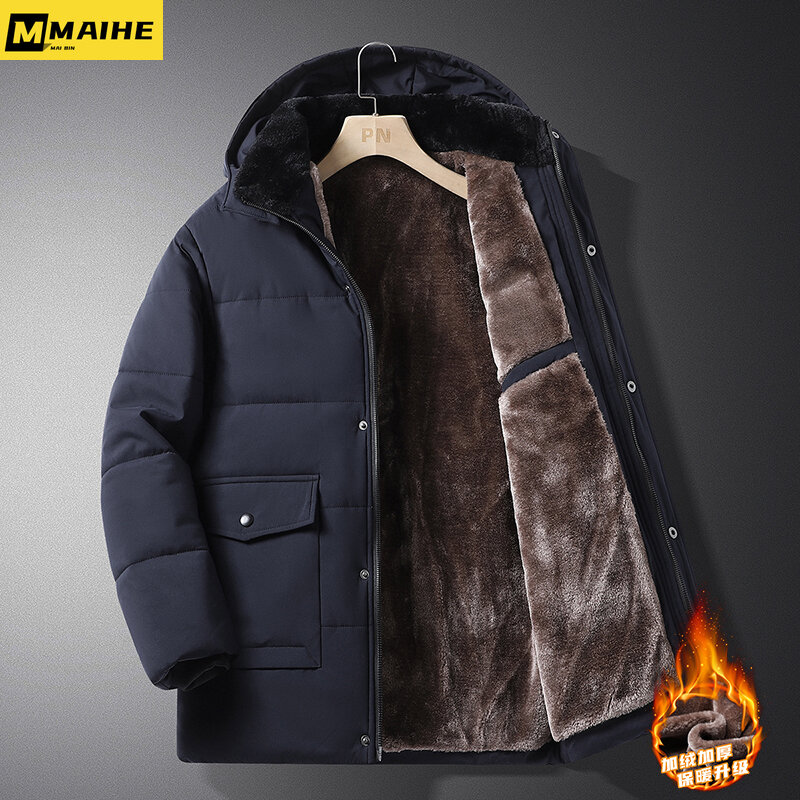 후드 포함 따뜻한 코튼 재킷, 두꺼운 플러시 비즈니스 파카, 야외 캐주얼 방한 및 방풍 남성 의류, 겨울