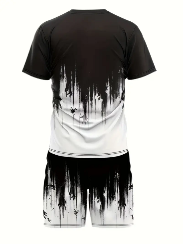Conjunto de camiseta masculina de manga curta preta e branca, casual sportswear, verão, 2 peças