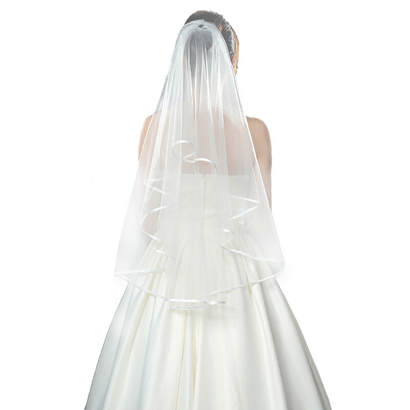 طرحة زفاف بيضاء بطبقتين للنساء ، تول قصير بسيط ، حجاب زفاف ، إكسسوارات زواج