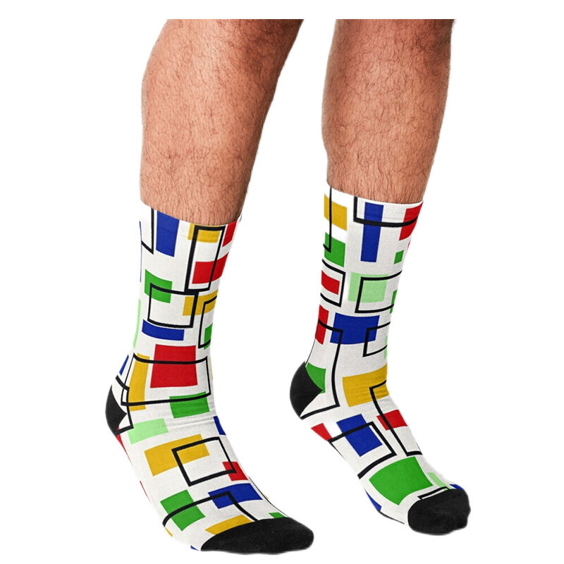 Engraçado meias de homem mondrian minimalista treliça impresso hip hop homem feliz meias bonito meninos estilo rua louco novidade meias para homem