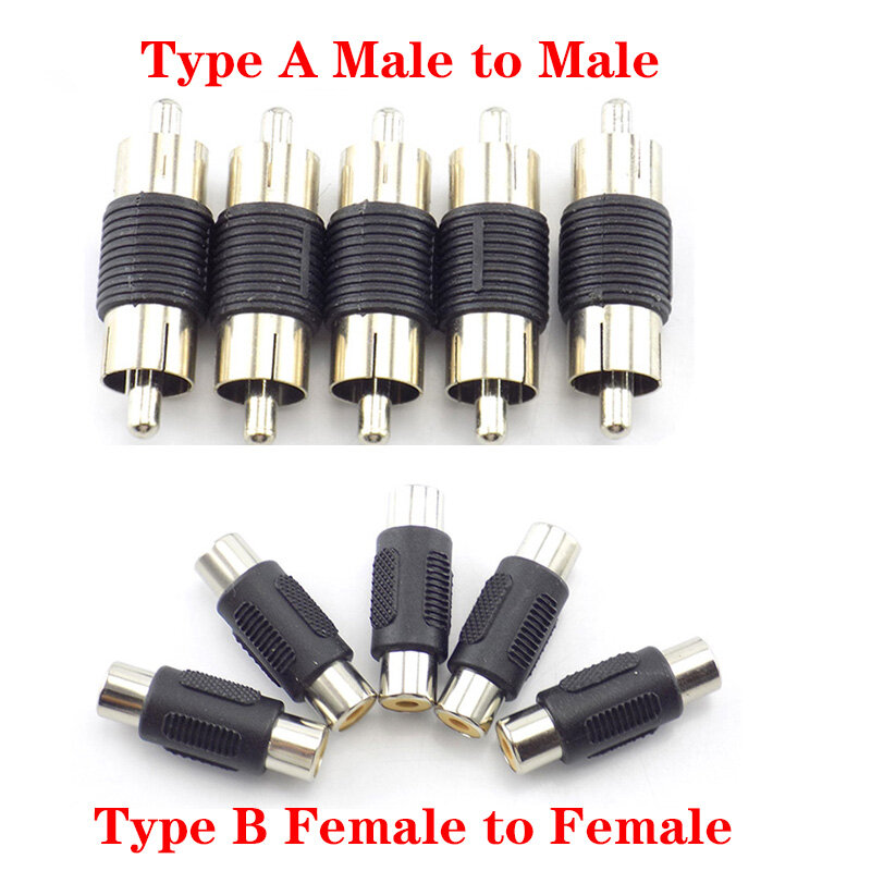 Duplo RCA macho para acoplador macho, conector de áudio, cabo AV, plug para CCTV, câmera, fêmea para adaptador fêmea