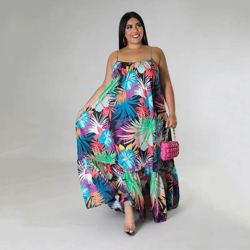 Plus Size Leaves Printed Loose Long Dress Summer Spaghetti Strapless Full Length Vestidos Beach Style Vintage Streetwear Robes