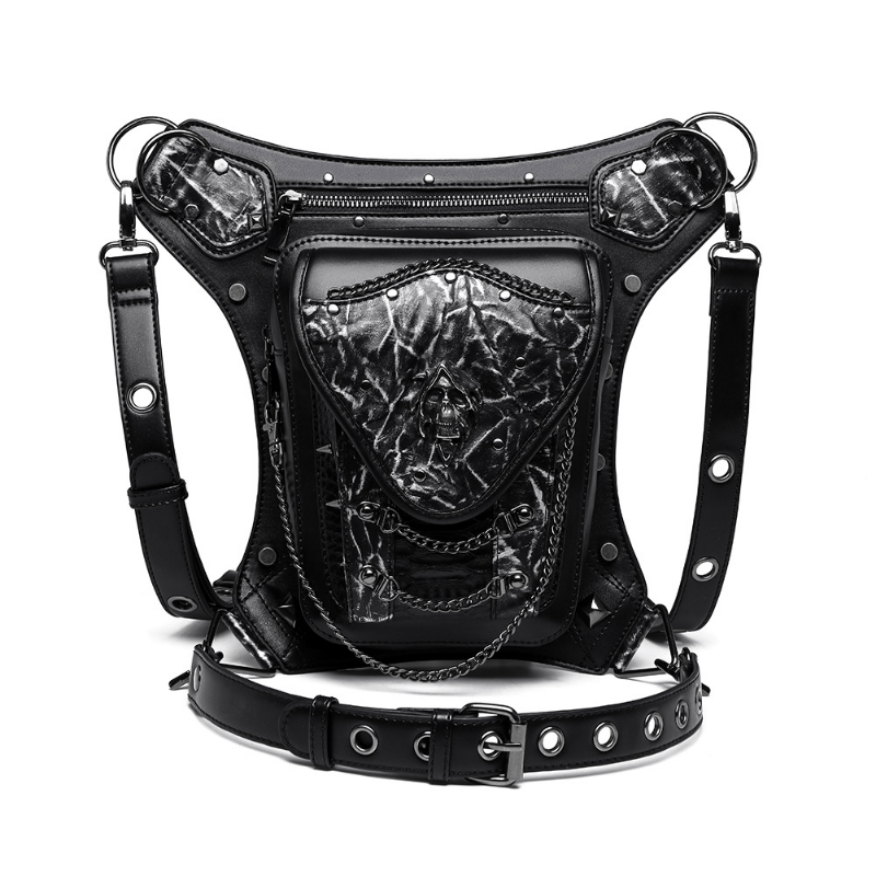 Chikage Steampunk Skull Chain Motorcycle Bag Women's One Shoulder Crossbody Bag Personality Unisex Mobile Phone Fanny Pack