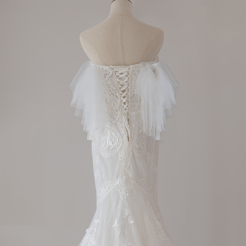 Romantic Princess Wedding Suits For Women Mesh Mermaid Wedding Dress Short Sleeves Scoop Lace Up Vestidos De Novia QW01896