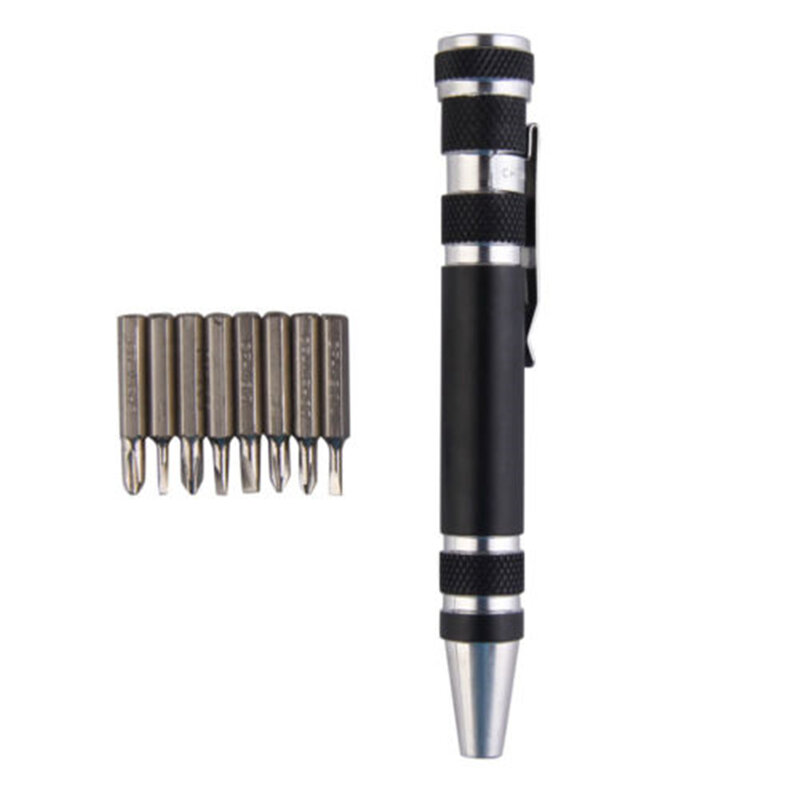 Alumínio Pen Estilo Screw Driver, Precision Multi-Tool, Kit de reparação do telefone móvel, Chave de fenda Set Bits, Hot, portátil, 8 em 1