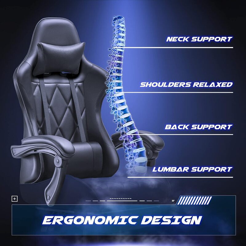 Cadeira do computador do jogo com apoio para os pés, massagem apoio lombar, costas ergonômicas altas, cadeira do jogo de vídeo, S giratória