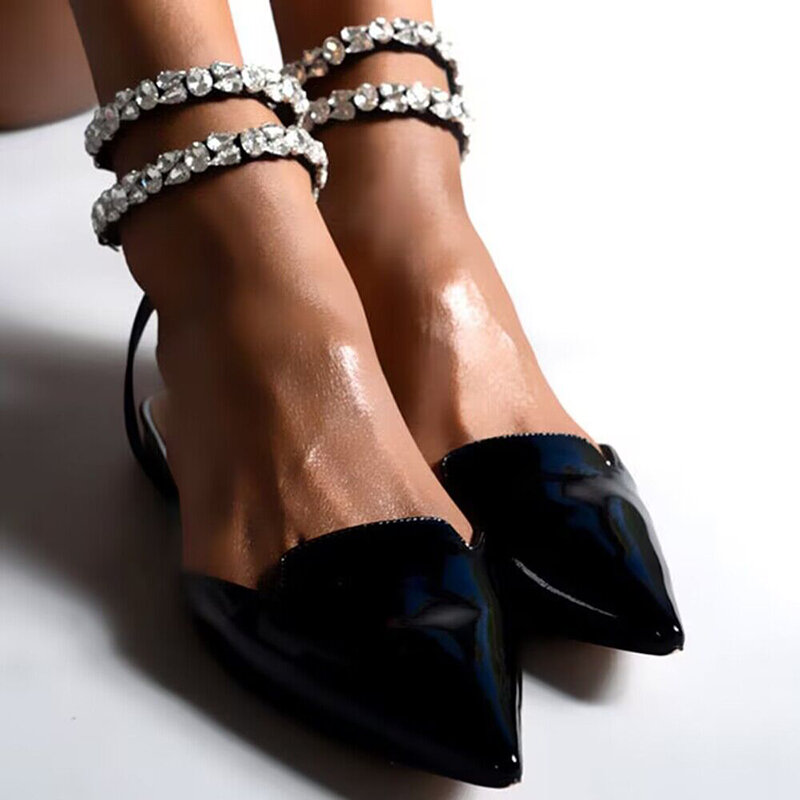 Блестящие сандалии-гладиаторы с кристаллами на плоской подошве, женские летние сандалии 2024 с острым носком, розовая Женская обувь, большие размеры 42