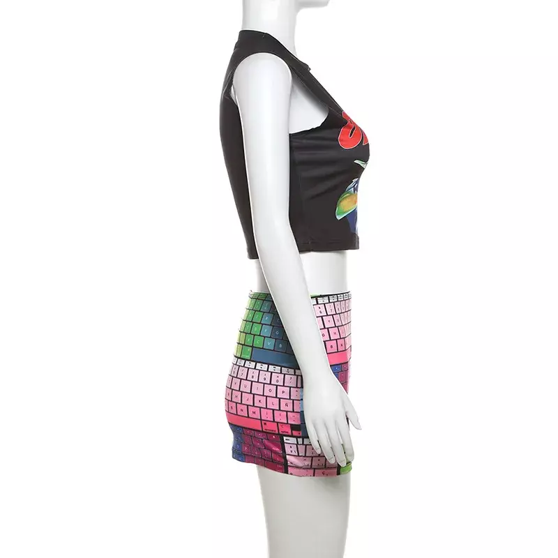 Kobiety Seksowny 2-częściowy zestaw Y2K Streetwear Garnitur Grafika Nadruk Bez rękawów Tank Crop Tops Klawiatura Brzoskwiniowy Hip Mini Spódniczki Dresy