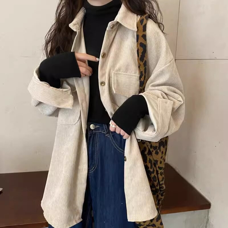 Corduroy Shirt Jacket For Women With a Sense of Design Niche Stacked Long Sleeved Top Shirt for Spring 2024 Women's Commuting S8