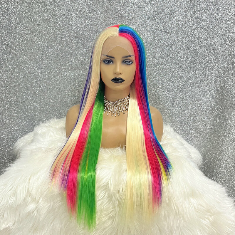 Parrucca Cosplay color biondo arcobaleno parrucca anteriore in pizzo sintetico 13x3.5 resistente al calore rosa lungo rettilineo Drag Queen parrucche per le donne