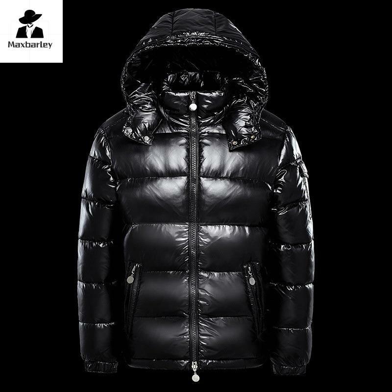 男性用の厚くて光沢のある黒のジャケット,柔らかい生地,白いダックフッド,暖かい光沢のあるコート,高級服,冬と秋
