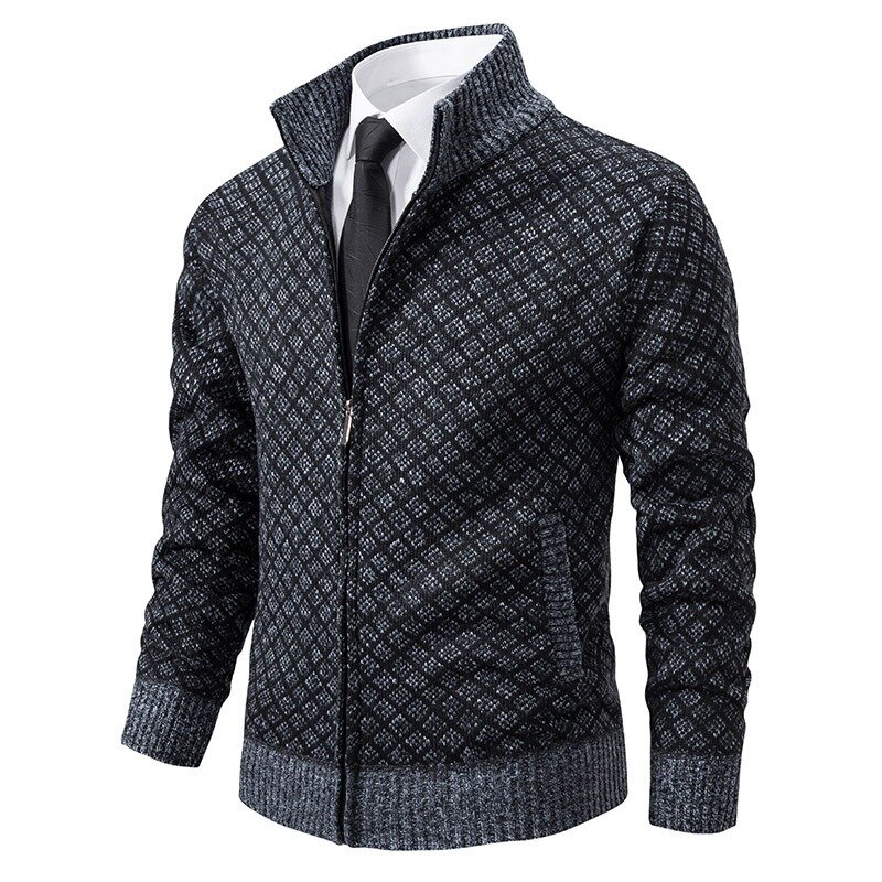 Autumn Men's Fashionable Plaid Jacket Trendy Standing Collar Coat Slim Fit Long Sleeved Overcoat Casual Knitted Sweater Outwear