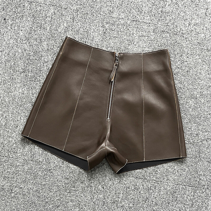 2024 neue Stil Frauen Reiß verschluss Knopfleiste Composite hohe Taille echte Schaffell Leder Shorts