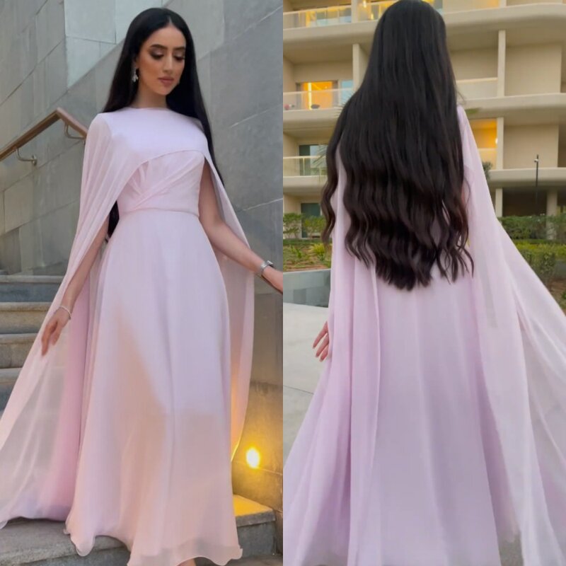 Abito da ballo da sera abito da ballo Arabia saudita Prom Chiffon increspato Prom a-line Scoop Neck abito da occasione su misura abiti Midi